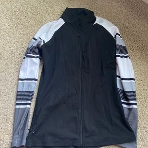 Lorna Jane, open back jacket, black with gray and white striped sleeves